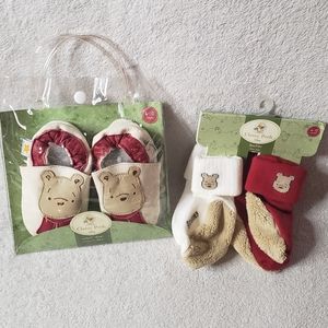 New Classic Pooh Disney Infant Baby Leather Shoes Socks Set 6-12 Month Christmas